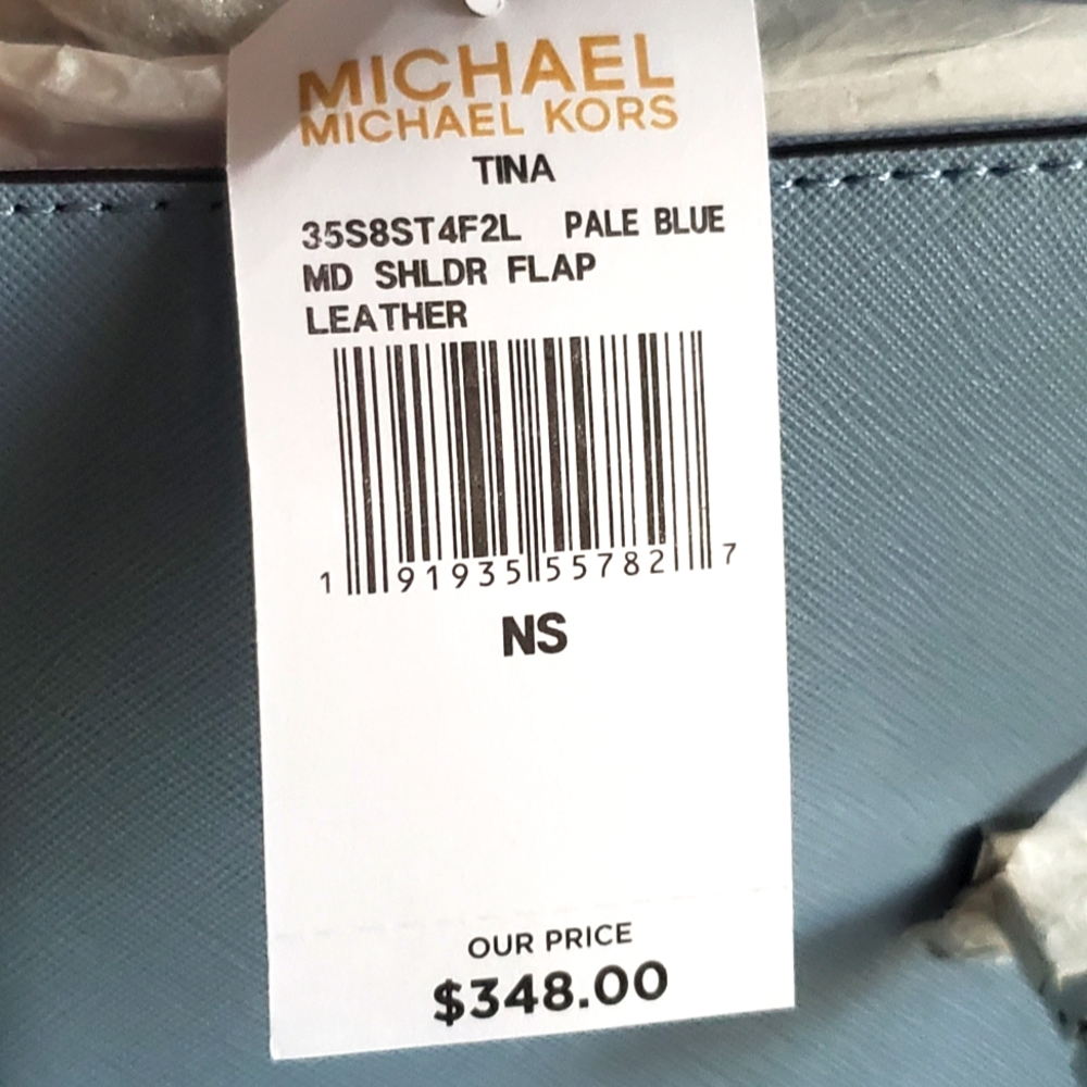 NEW • Michael Kors Tina Pale Blue💎 Chain Stud Perforated Floral Shoulder Bag - Picture 3 of 10